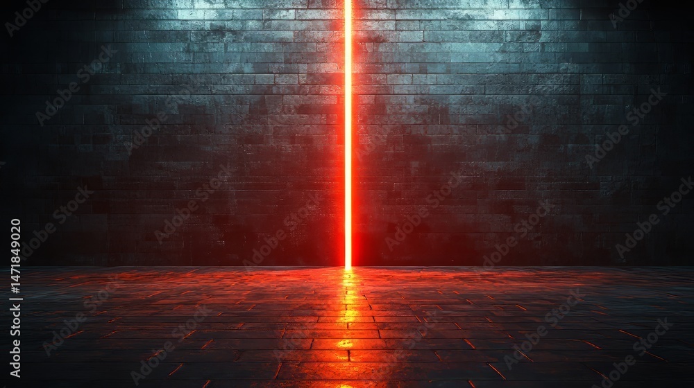 Poster illuminating beam: a vivid red beam of light pierces through a stark, grunge-textured concrete envir