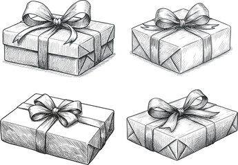 Set of hand-drawn gift boxes with ribbons in vintage engraving style for holiday and celebration themes
