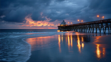 Fototapeta premium Evening view of wooden pier with calm water reflecting lights under stormy sky