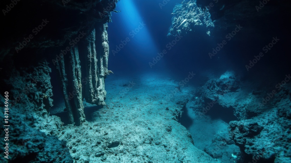 Poster sunbeam illuminates deep ocean cave, revealing ancient, textured rock formations and a mysterious un