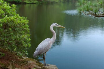Serene Great Blue Heron by Tranquil Pond: A Peaceful Nature Scene