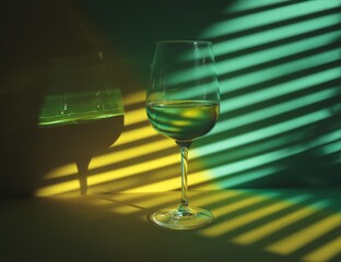 A glass of white wine sits on a yellow and green surface, illuminated by sunlight streaming through blinds, casting dramatic stripes of light and shadow. : Generative AI