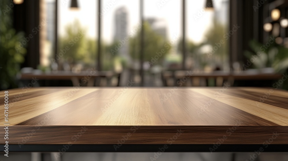 Aufkleber Empty wooden table in modern cafe setting, blurred city background visible through large window. Ideal for product placement or food photography. : Generative AI