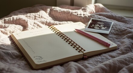 Journal and sonogram on a bed show planning for a new baby and the excitement of the upcoming arrival of twins in a light-filled room.