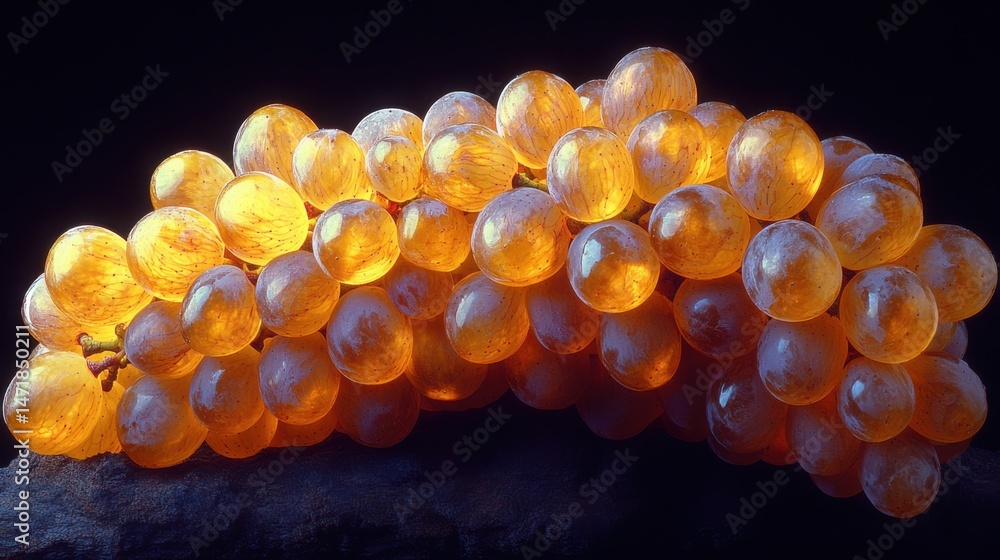 Poster golden grape cluster - amber-colored grapes with warm honey tones, backlit to emphasize translucency