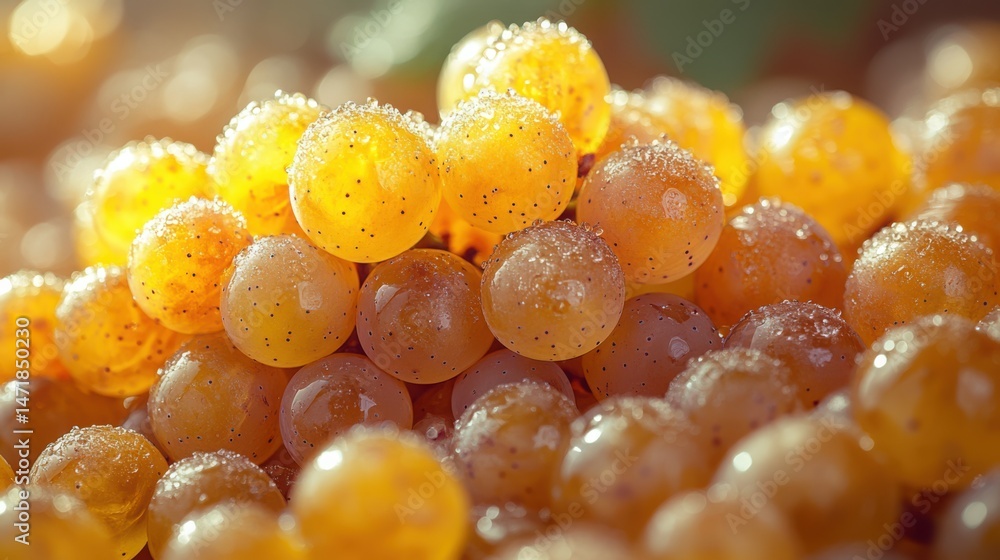 Poster golden grape cluster - amber-colored grapes with warm honey tones, backlit to emphasize translucency