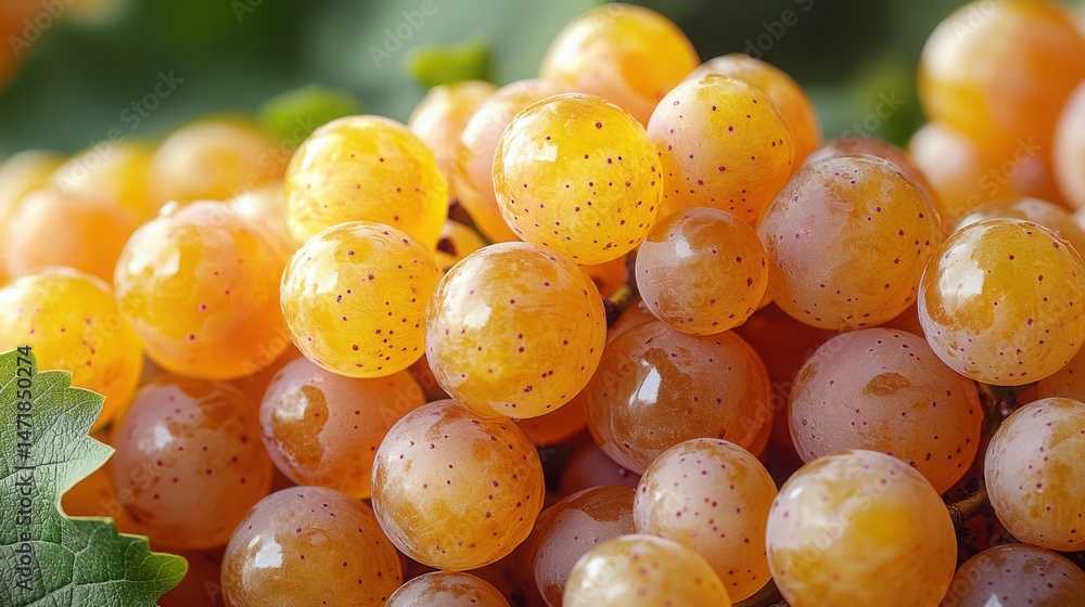 Poster golden grape cluster - amber-colored grapes with warm honey tones, backlit to emphasize translucency