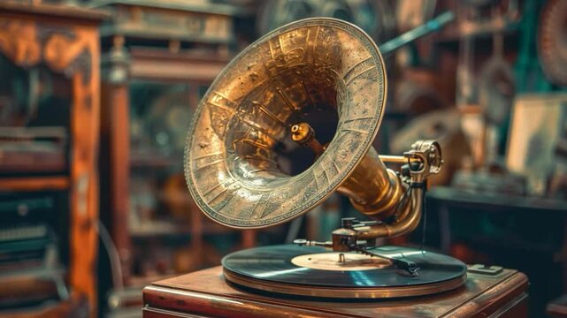 Vintage gramophone with gold horn on wood table, crank and dials, with bookcase in background, evokes nostalgic vibes.
