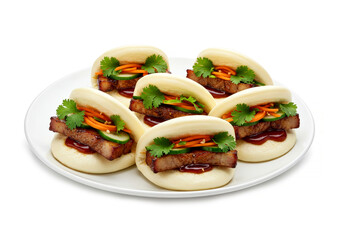 Fluffy steamed bao buns filled with pork belly, pickled vegetables and herbs, arranged on a white plate isolated on white