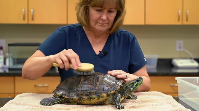 Female Veterinarian Caring for Turtle in Veterinary Clinic Setting                               