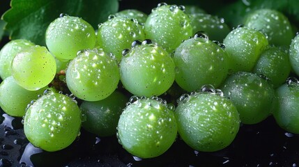 Green Grape Refraction - Crystal-clear water droplets magnifying the crisp green skin of seedless grapes, ultra-sharp macro details