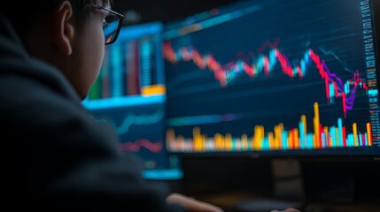Trader analyzing stock market graph data on digital screen for financial investment insights