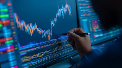 Trader analyzing stock market graph data on digital screen for financial investment insights