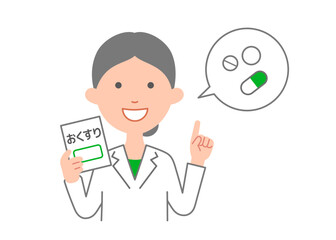 薬の説明をする女性の薬剤師　上半身ポーズ