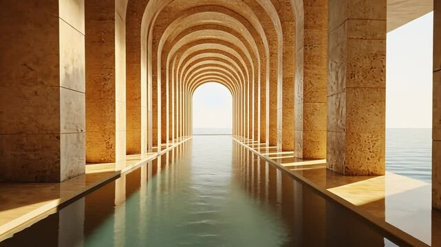 Architectural marvel featuring a serene water corridor and stunning column reflections