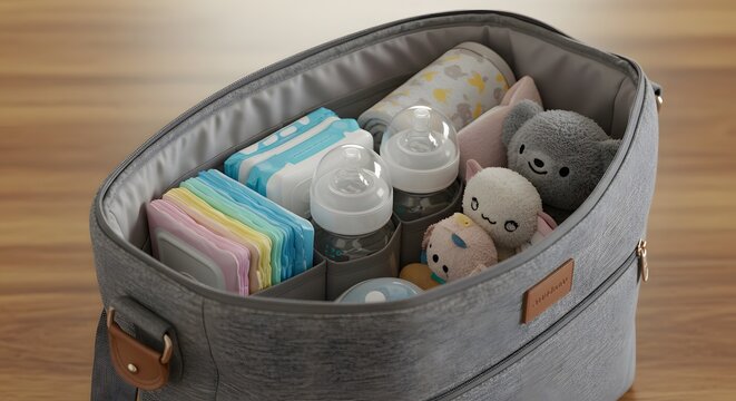 Gray diaper bag filled with baby bottles, toys, baby wipes, and other supplies for caring for a baby, sitting on a wooden surface.