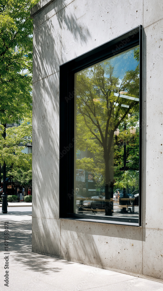 Poster concrete building exterior, large window reflecting green trees, sunlight casting shadows. showcase 