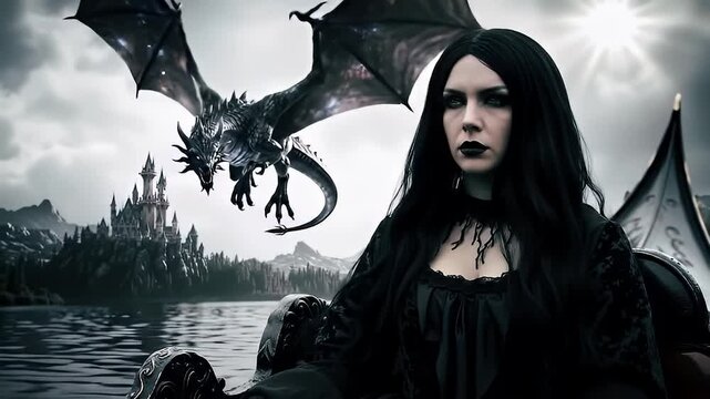 Gothic Sorceress with Dragon in Dark Fantasy Medieval Landscape