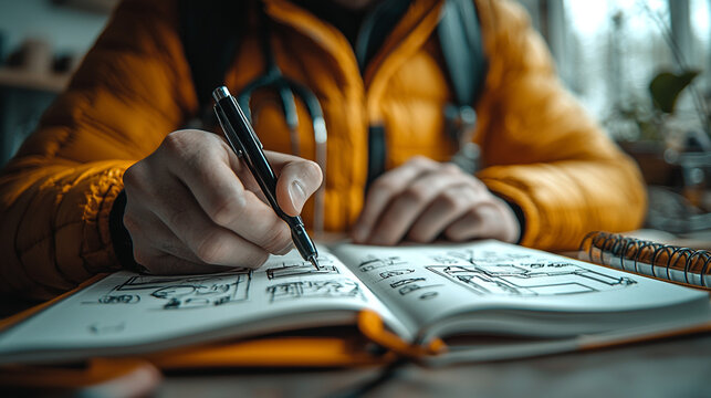 Person sketching in notebook  close up hand drawing  design ideas  creative process  artis