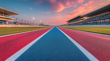 Empty race track at sunrise.  Vibrant colors meet a serene morning