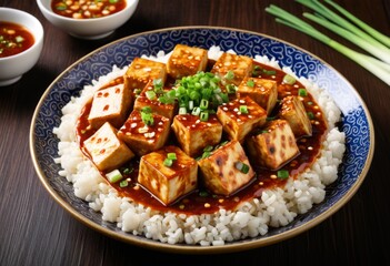 There is a plate of rice topped with tofu and sauce