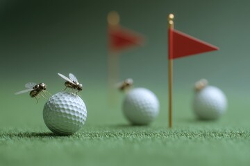 Miniature golf balls and insects near a flag.