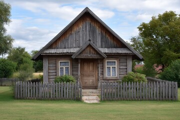 Obraz premium Rustic Wooden Cottage: A Serene Countryside Scene