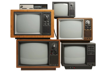 Vintage televisions stacked on transparent background