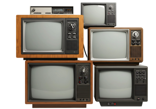 Vintage televisions stacked on transparent background