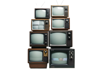 Vintage televisions stacked on transparent background