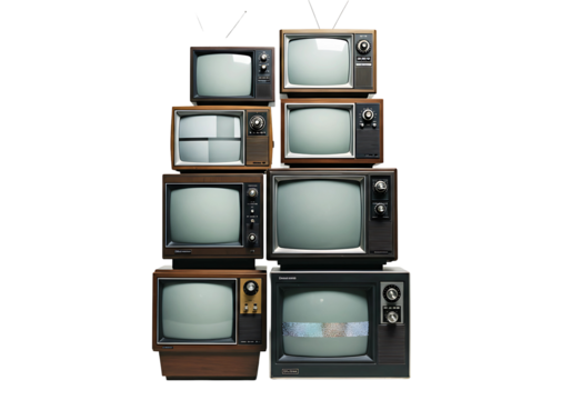Vintage televisions stacked on transparent background