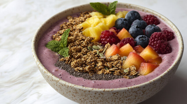 Purple acai bowl with pineapple, mixed berry, granola, and mint
