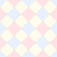 Seamless geometric background with rhombuses in pastel colors, crossing dotted lines and golden stars. Diagonal checkered repeating pattern. Retro plaid print for fabric, wallpaper or wrapping paper.