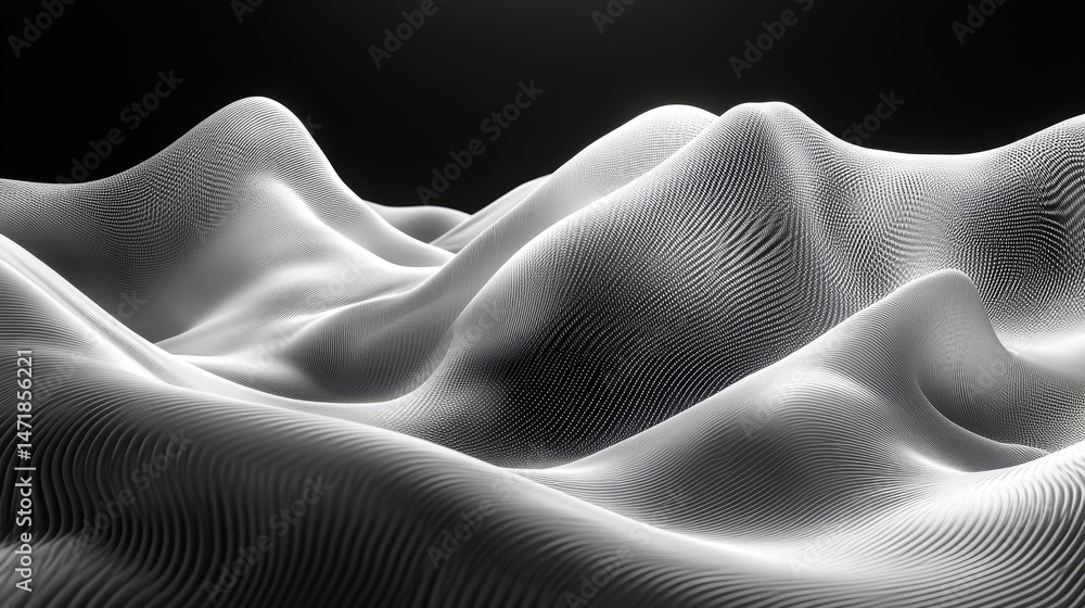 Poster abstract grayscale digital landscape with undulating forms.