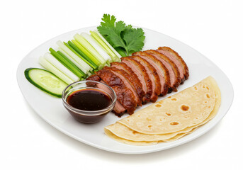 Thinly sliced peking duck with crispy skin, cucumber, scallions and hoisin sauce with pancakes, white plate isolated on white
