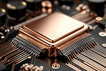 Rose Gold CPU on Dark Circuit Board Detailed Close up