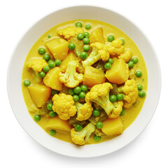 Vibrant vegetable curry with cauliflower, potatoes, peas in a yellow coconut sauce, white bowl isolated on white