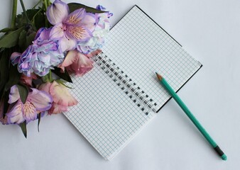 Spring bouquet with lilac flowers notepad with green pencil. View from above.  Background for greetings and postcards. © Olirina