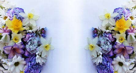 A bouquet of spring flowers on a white background. Blue carnations and yellow daffodils. A background for congratulations with a place for the text.