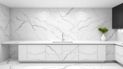 Modern Minimalist Kitchen Design with White Marble Countertops and Cabinets