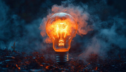  Close-up of a Glowing Light Bulb Surrounded by Smoke Clouds with Creative Lighting