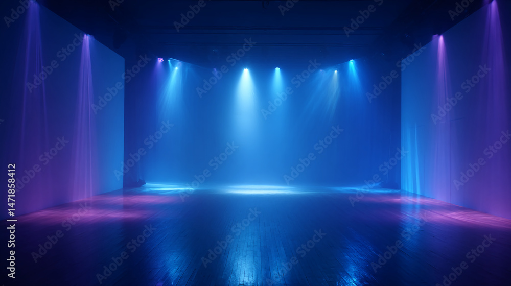 Poster dark room with wooden floor, illuminated by blue and purple spotlights creating a moody atmosphere, 