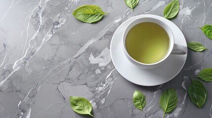 Freshly brewed tea with basil leaves on a gray surface.