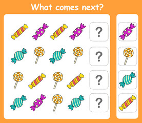 What comes next? Educational logic game for kids with cute candy illustration. Worksheet for children.	