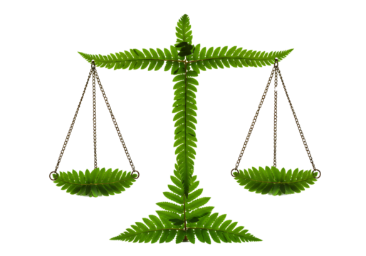  Scales of justice with fern leaves on transparent background
