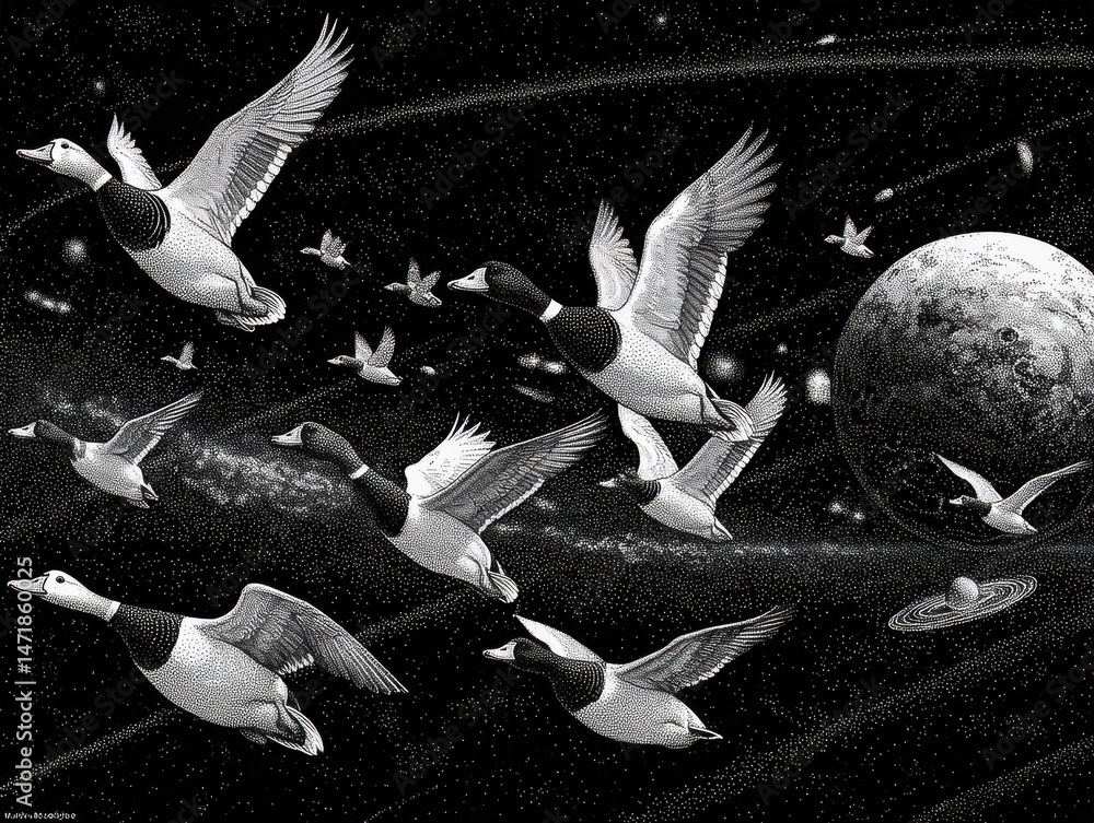 Canvas Prints a flock of ducks soaring through cosmic space.