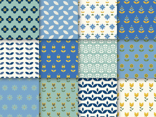 Collection of geometric colorful seamless floral patterns - cute design. Vintage trendy repeatable backgrounds. Bright textile endless prints