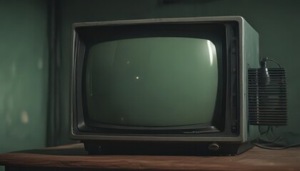 Close-up, vintage CRT with visible scanlines and subtle green tint  ,  scanlines,  electron beam,  monitor