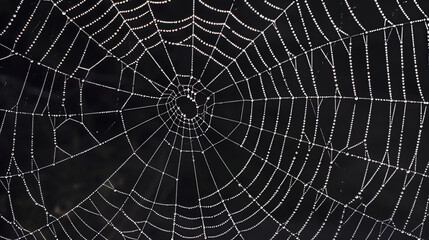 A spiderweb glistening with dewdrops against a dark background creating a mesmerizing pattern view