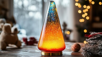 Fototapeta premium Festive, decorative, cone-shaped, light-up, Christmas, tree-shaped, lamp. Colorful, gradient, glass, illuminated, orb, nightlight